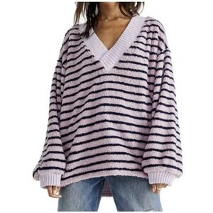 Free People Connell‎ Stripe Top Sweater Fuzzy Teddy Pink/ Black Medium Oversized